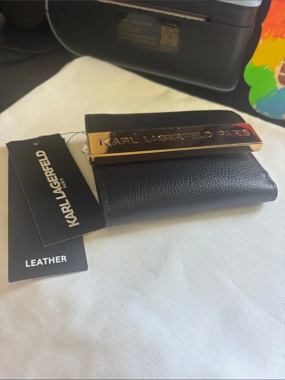 Karl Lagerfeld Black Leather Mini Wallet with Gold Logo Plaque